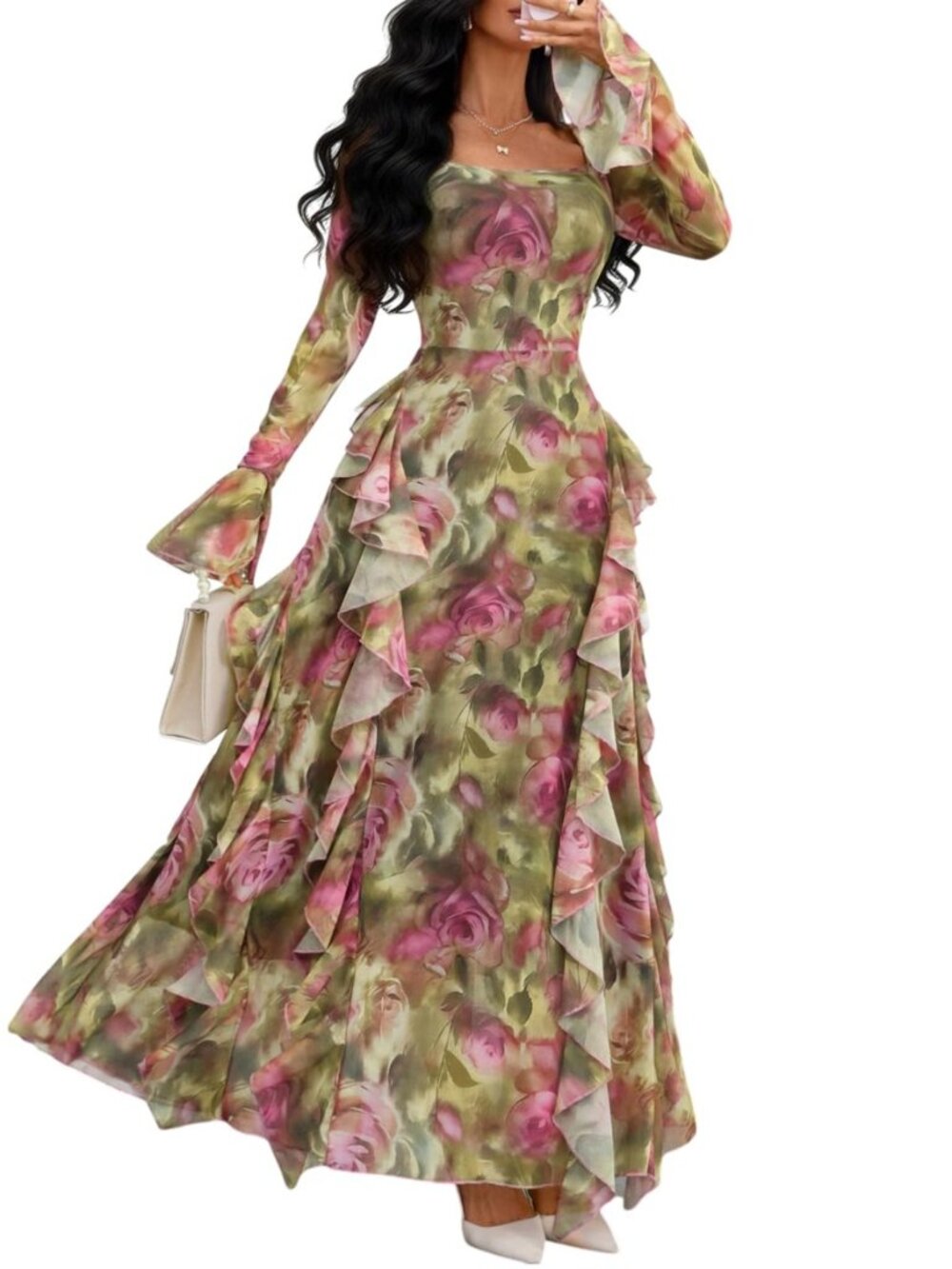 Women's Floral Dress Long Sleeve Square Neck Ruffle Party Outfit